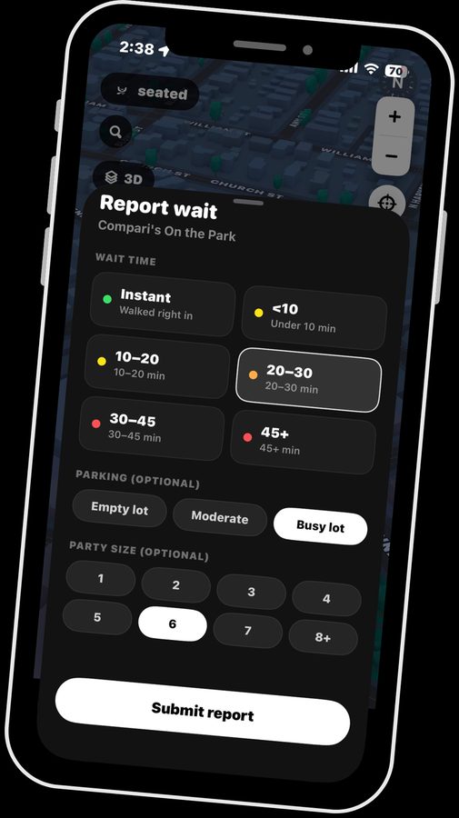 The report sheet with six wait time options, parking and party size.